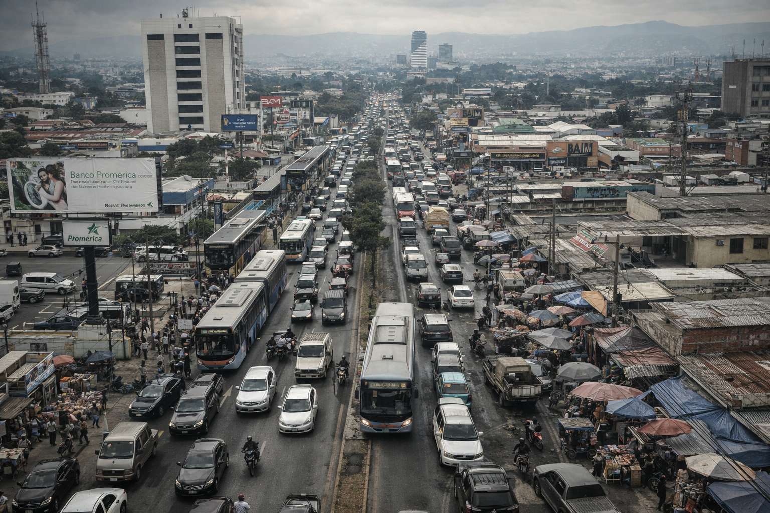 Vista aérea de la Calzada Roosevelt en Ciudad de Guatemala con BRT, mostrando congestión urbana y transporte público en un corredor metropolitano.