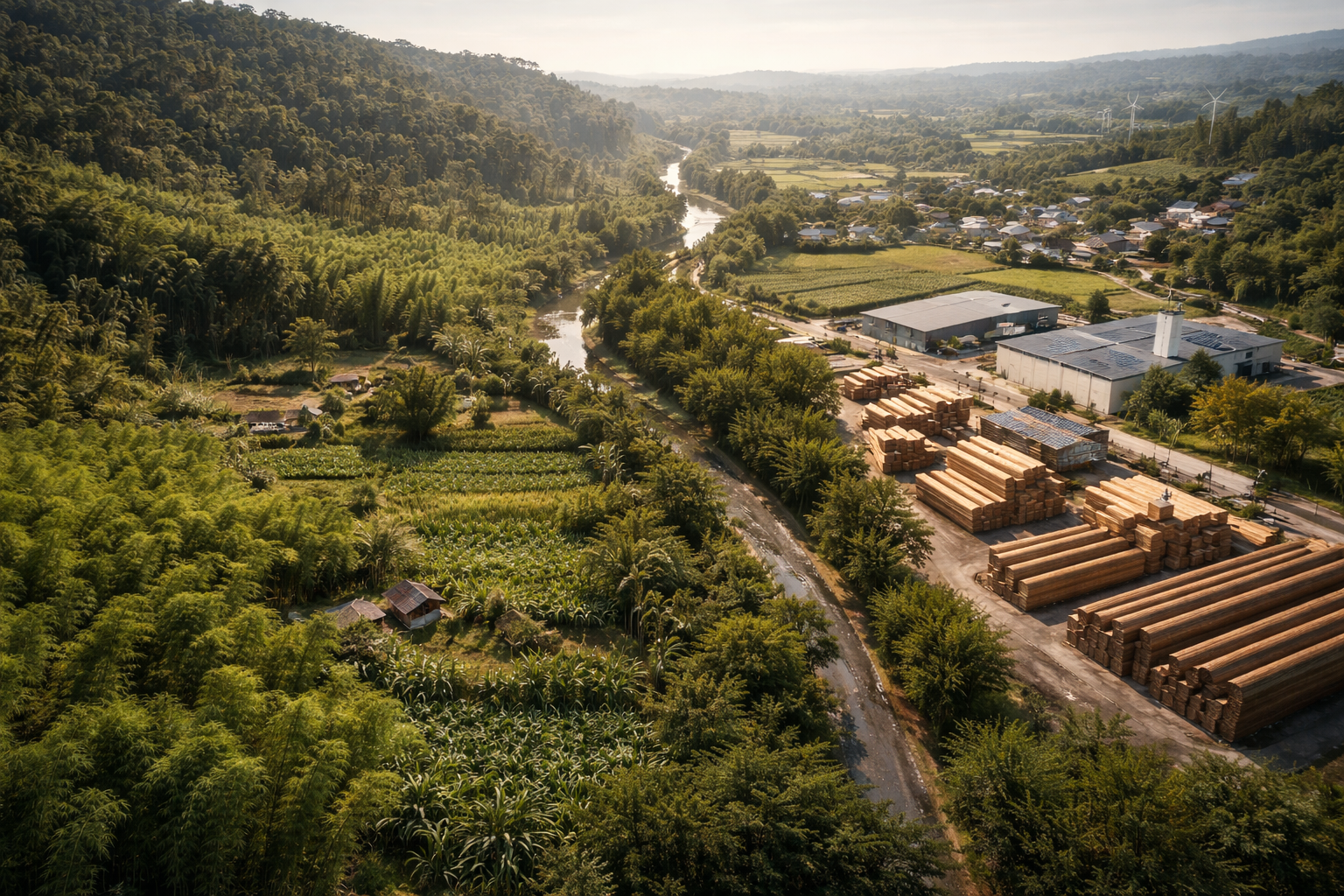 Paisaje que representa la bioeconomía del bambú como pasarela entre el Sur global productor de biomasa y el Norte global transformador, en un modelo de desarrollo territorial resiliente