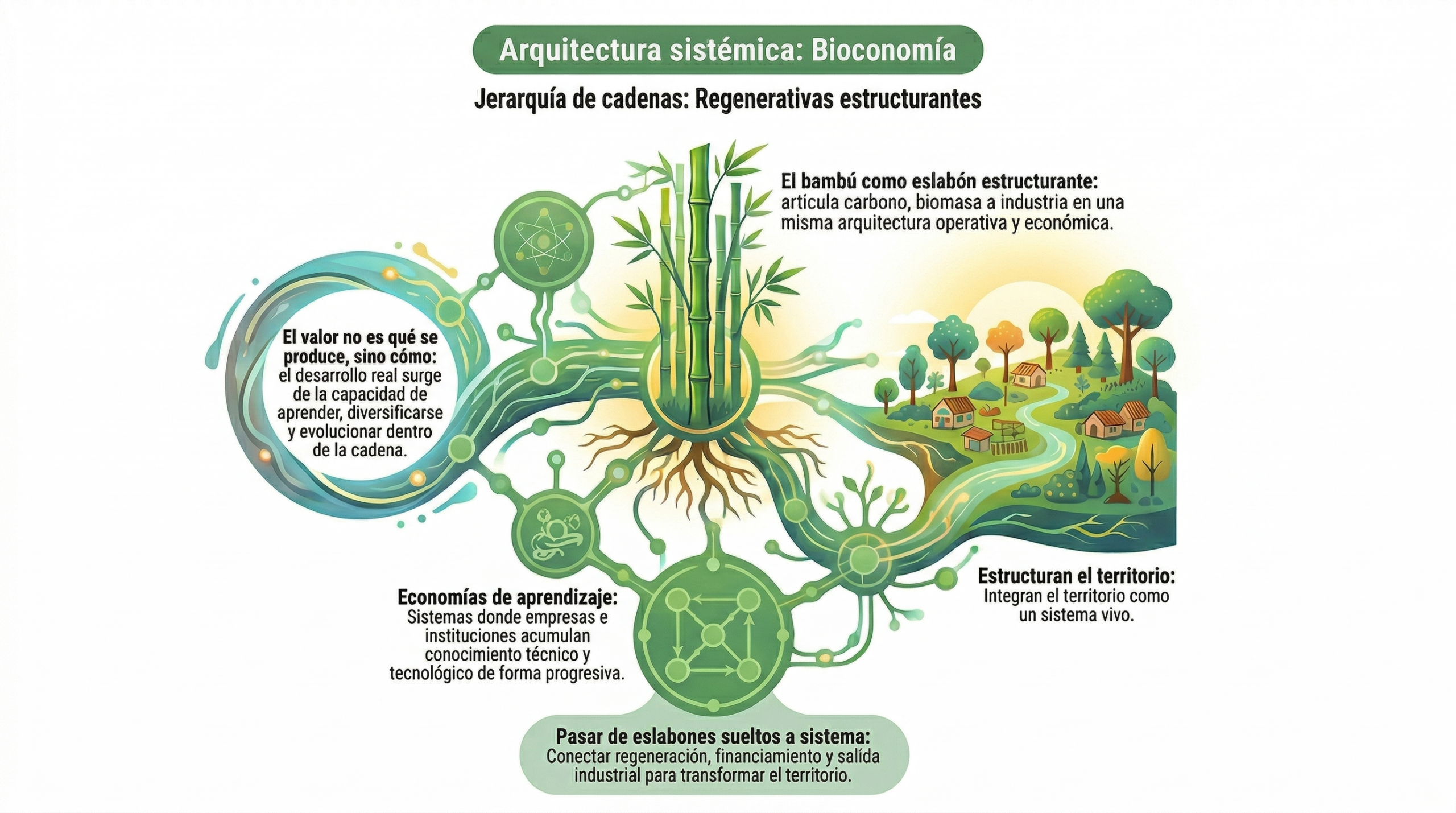 Arquitectura de cadenas de valor en la bioeconomía territorial, mostrando la integración entre carbono, biomasa, industria y territorio.