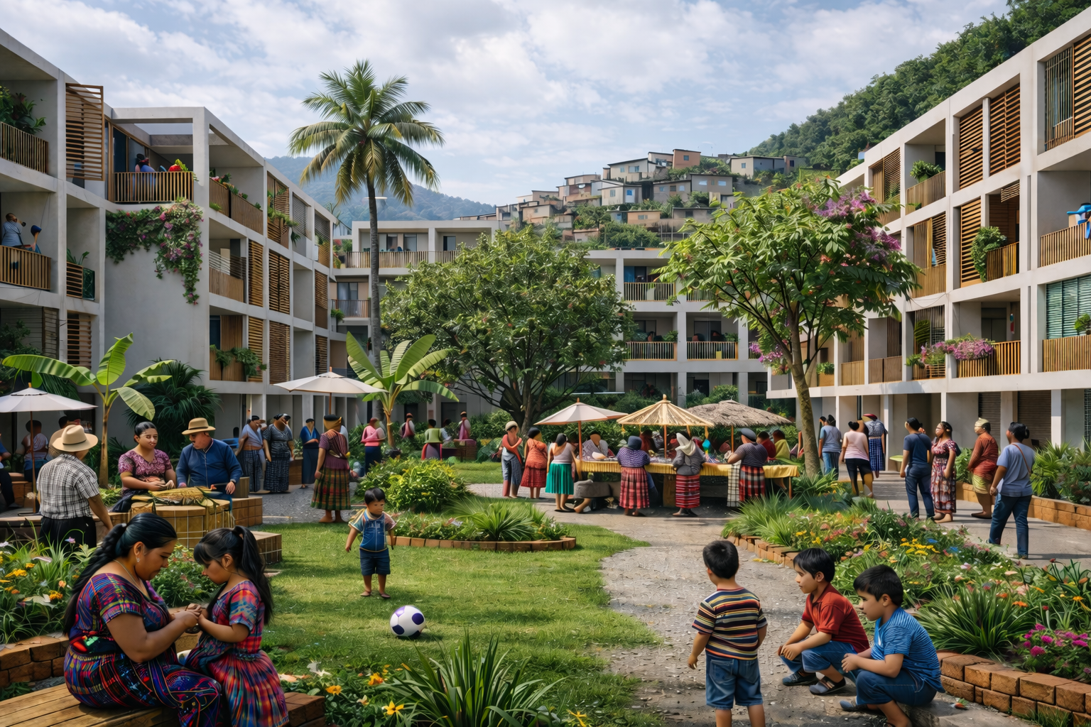 Barrio de vivienda cooperativa urbana en Guatemala con edificios de densidad media, patio comunitario y mercado vecinal