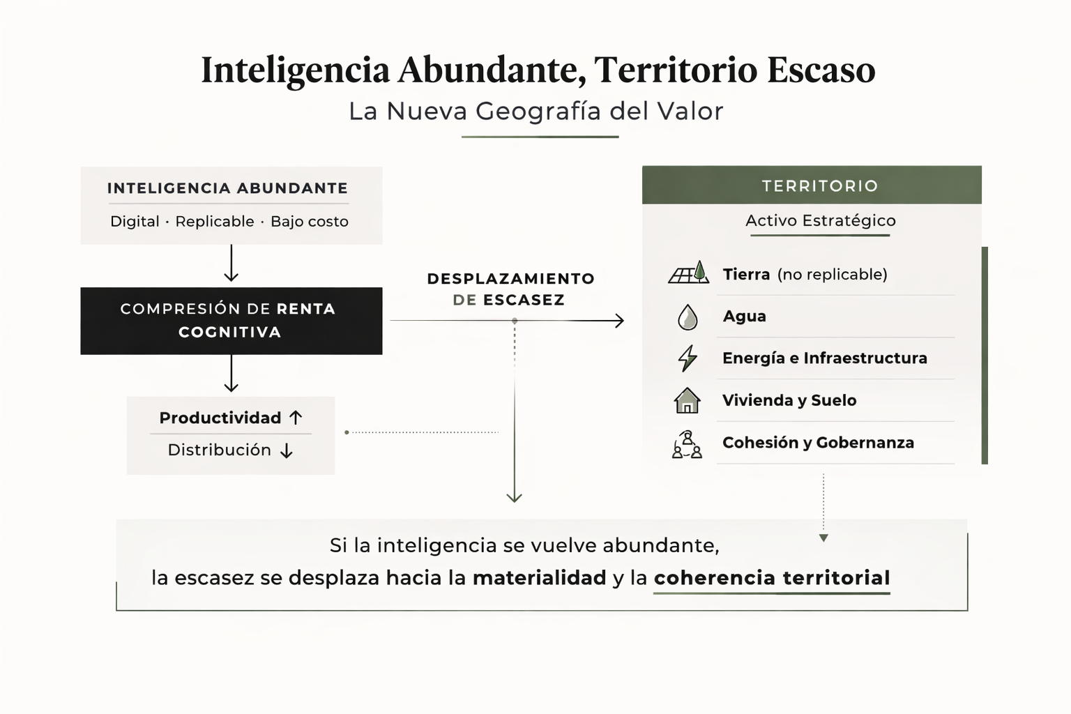 Modelo conceptual que muestra cómo la abundancia de inteligencia artificial desplaza la escasez hacia activos territoriales como tierra, agua, energía e infraestructura.