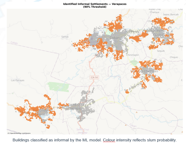 Mapa de Cobán y Verapaces con asentamientos informales identificados mediante inteligencia artificial y aprendizaje automático.