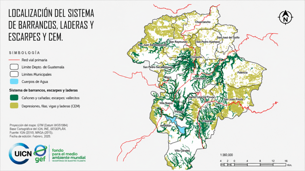 Mapa del sistema de barrancos, laderas y escarpes del departamento de Guatemala, con municipios, cuerpos de agua y red vial primaria.