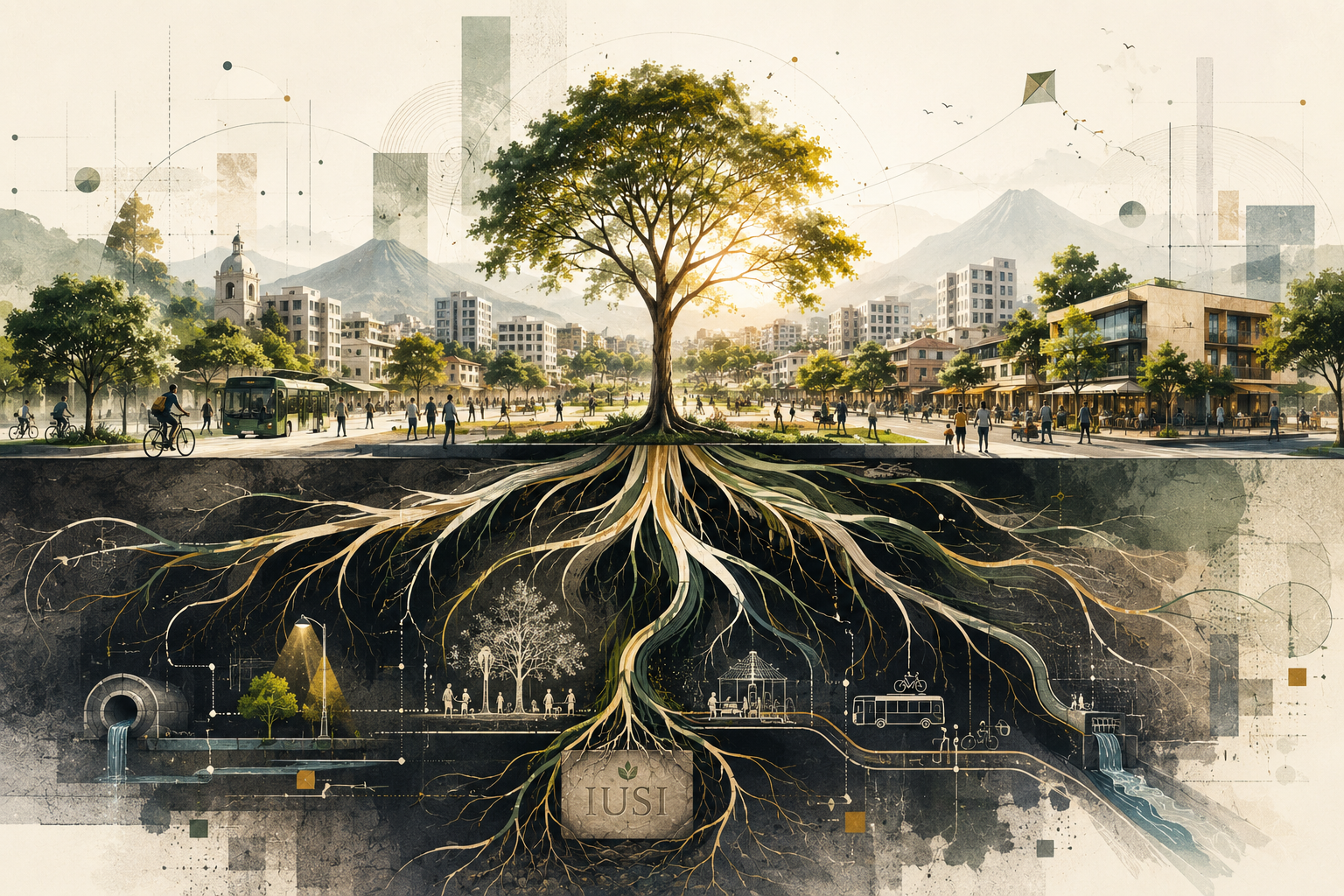 Ilustración conceptual de una ciudad sostenida por un sistema de raíces subterráneas que simbolizan el financiamiento local, la infraestructura y los servicios públicos que hacen posible la vida urbana.