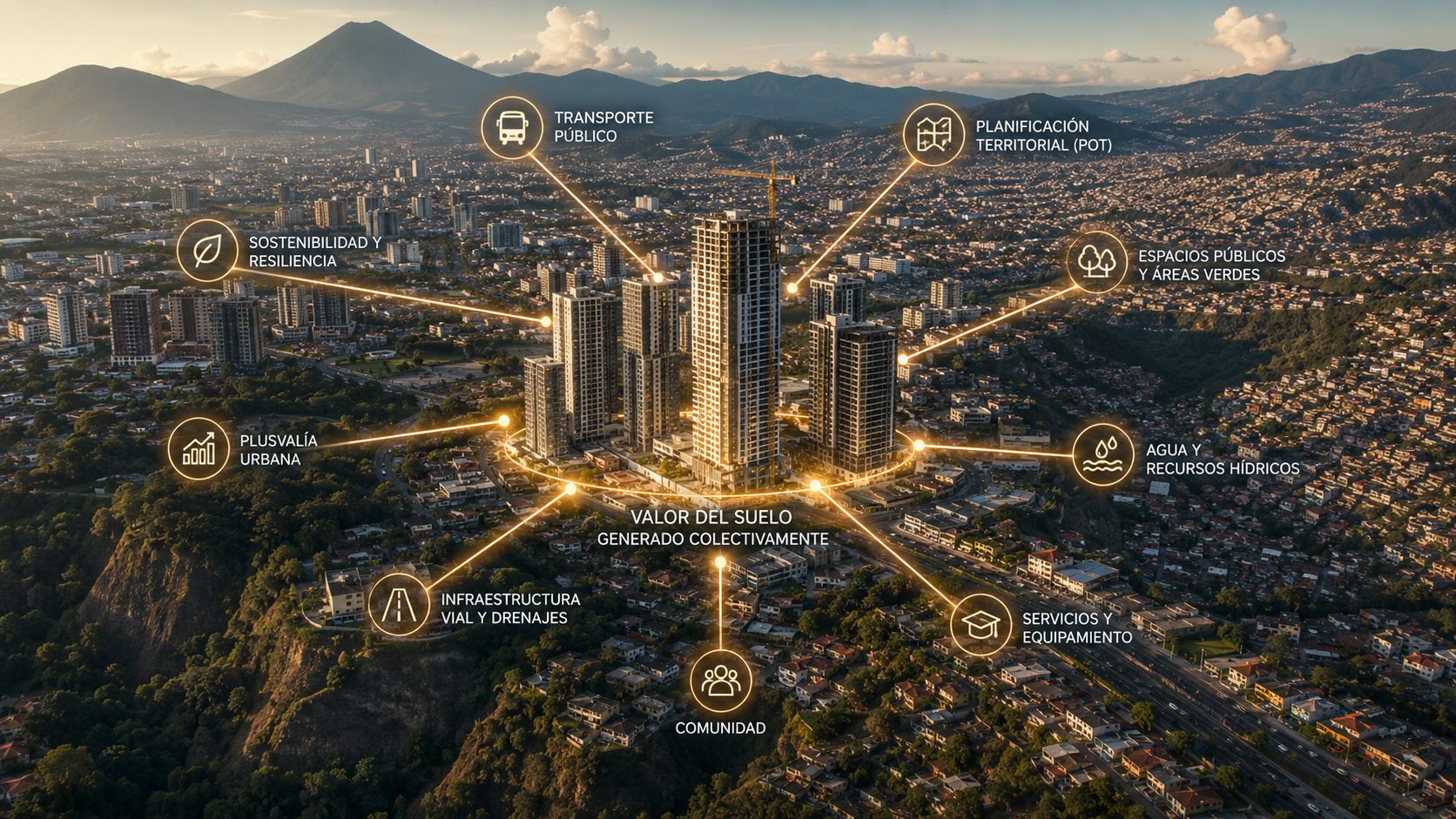 Vista aérea conceptual de la verticalización en Ciudad de Guatemala, con torres residenciales, valor del suelo, transporte público, agua, infraestructura y espacios verdes.