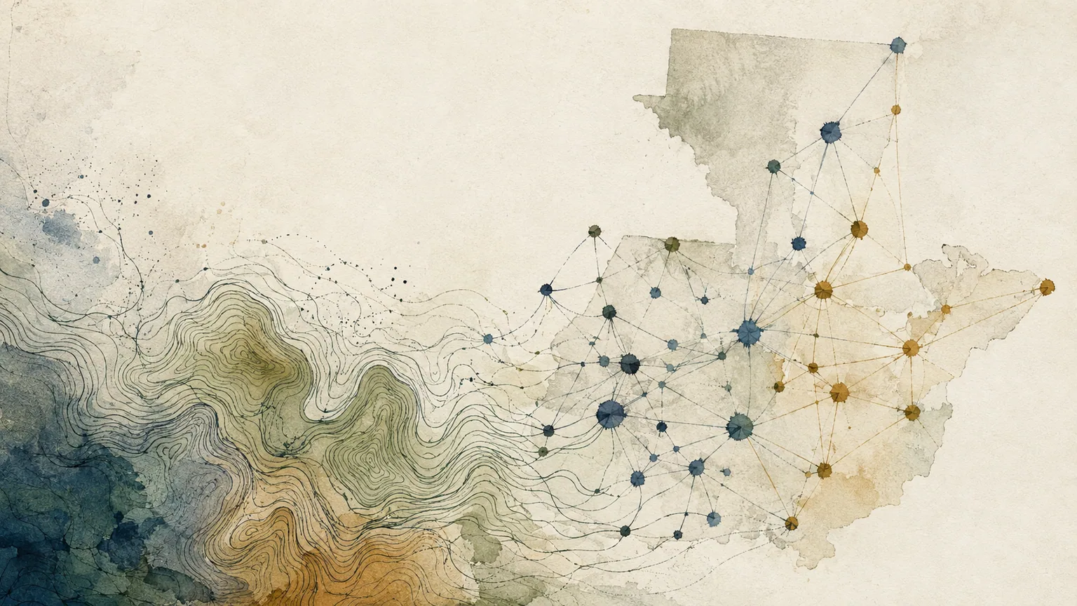 Red territorial de Guatemala representada como relieve geográfico con conexiones digitales, símbolo de inteligencia territorial y aprendizaje colectivo.