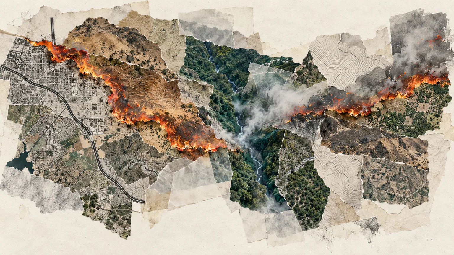 Collage territorial de mapas, tejido urbano, barrancos y fuego que representa la propagación de los incendios a través de sistemas espaciales conectados.